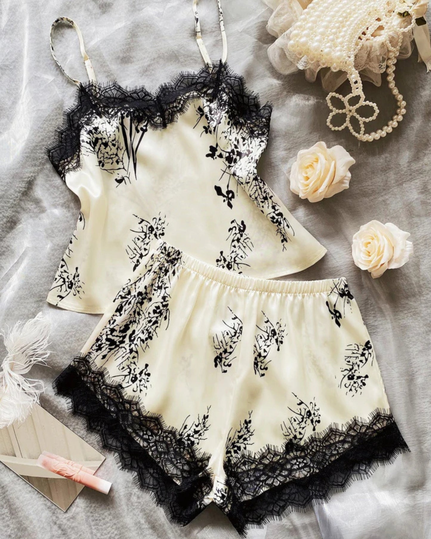 Lace Trim Plants Print Satin Night Set