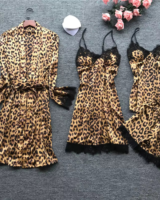 4pcs Leopard Printing Pattern Pajama Set Nightdress