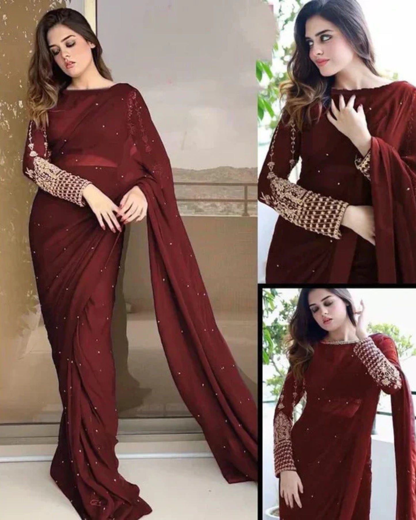 CHIFFON SAREE WITH SLEEVES EMBROIDERED